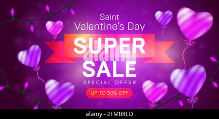 Valentinstag Sonderangebot horizontale Flyer Vorlage oder Werbung super Verkauf Banner Design. Vektor-Illustration von fliegenden gestreiften Ballons Stock Vektor