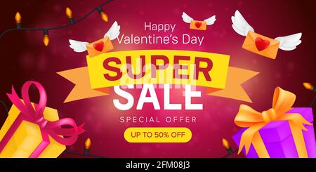 Alles gute zum Valentinstag Sonderangebot horizontale Flyer Vorlage oder Werbung super Verkauf Banner Design. Vektordarstellung von fliegenden Umschlägen und gif Stock Vektor