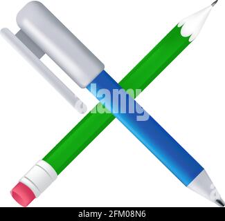 Blauer Stift und grüner Stift gekreuzt. Buntstift mit Radiergummi und Kugelschreiber-Symbol. Vektordarstellung von Schreibwaren oder Bürobedarf isoliert auf einer Woche Stock Vektor