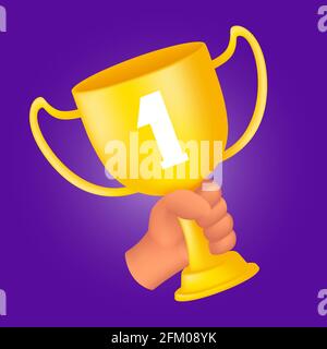 Menschliche Hand mit goldenem Pokal. 3D-Cartoon-Stil Vektor-Illustration des ersten Rang Gewinner Preis isoliert auf einem violetten Hintergrund Stock Vektor