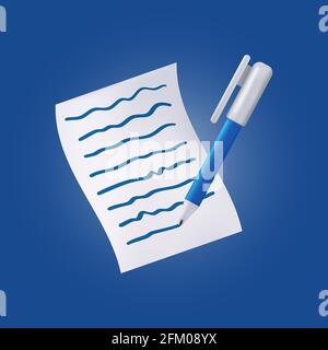 Blauer Stift auf einem Dokument mit Text. Vektor-Symbol mit Kugelschreiber und weißem Blatt Papier isoliert auf dunklem Hintergrund Stock Vektor