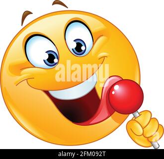 Happy emoji emoticon leckt einen roten Lollipop Stock Vektor