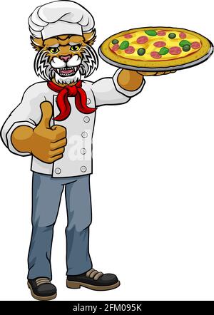 Wildcat Pizza Chef Cartoon Restaurant Mascot Stock Vektor