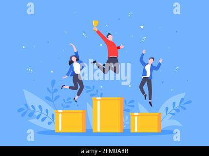 Die Leute, die auf dem Podium stehen, rangieren auf den ersten drei Plätzen, springen mit Pokalkappe in die Luft. Stock Vektor