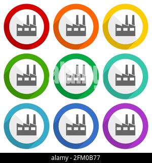 Fabrik, industrielle Gebäude Vektor-Icons, Satz von bunten flachen Design-Tasten für webdesign und mobile Anwendungen Stock Vektor