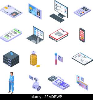 Symbole auf der elektronischen Patientenkarte eingestellt. Isometrischer Satz von Vektorsymbolen für die elektronische Patientenkarte für das Web-Design, isoliert auf weißem Hintergrund Stock Vektor