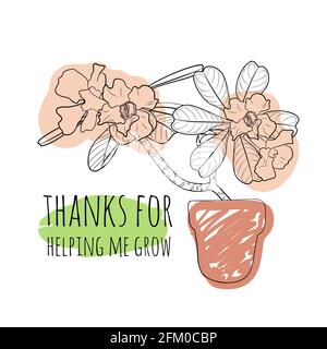 Minimalistisches Boho Illustration des Zitats danke, dass du mir geholfen hast zu wachsen Mit schwarzer Linie Art getopfter Wüstenrose und abstrakten Formen Hintergrund Stock Vektor