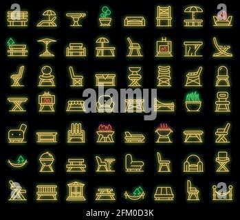 Gartenmöbel Ikonen gesetzt. Umriss Satz von Gartenmöbeln Vektor-Icons neoncolor auf schwarz Stock Vektor