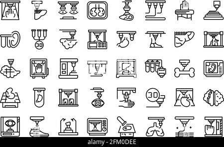 Bioprinting-Symbole gesetzt. Skizzieren Sie einen Satz von Bioprinting-Vektorsymbolen für Webdesign isoliert auf weißem Hintergrund Stock Vektor