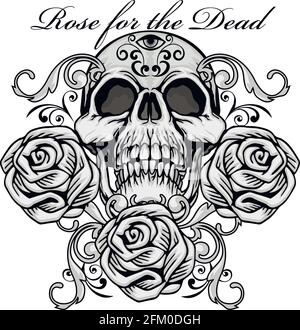 Gothic Schild mit Totenkopf und Blumen, grunge T-Shirts im Vintage-Design Stock Vektor