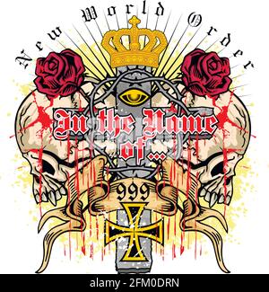 Gothic Schild mit Totenkopf und Blumen, grunge T-Shirts im Vintage-Design Stock Vektor