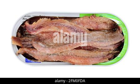 Verzinnte Sardellenfischfilets isoliert auf weißem Hintergrund Stockfoto