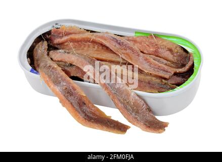 Verzinnte Sardellenfischfilets isoliert auf weißem Hintergrund Stockfoto