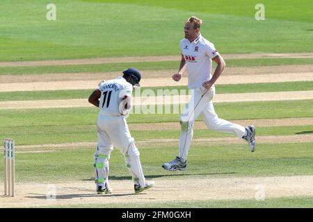 Paul Walter von Essex feiert die Einnahme des Wickels von Shivnarine Chanderpaul während Essex CCC gegen Lancashire CCC, Specsavers County Championship Divisi Stockfoto