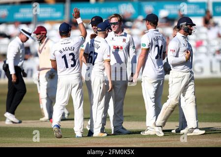 Simon Harmer von Essex feiert mit seinen Teamkollegen, nachdem er das Wicket von James Hildreth während des Essex CCC gegen Somerset CCC, Specsavers County, genommen hat Stockfoto