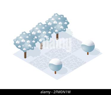 Isometrischer Winterpark mit Schnee, Bäumen Stock Vektor