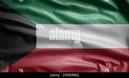 Kuwaitische Flagge winkt im Wind. Nahaufnahme von Kuwait Banner weht, weiche und glatte Seide. Stoff Stoff Textur Fähnrich Hintergrund. Stockfoto