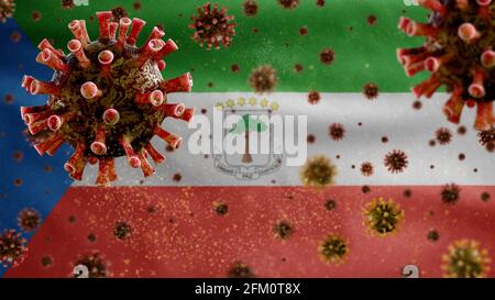 3D, das Grippe-Coronavirus, das über der Flagge des Equatoguineas schwebt, ein Erreger, der die Atemwege angreift. Äquatorialguinea Banner winken mit Pandemie von Stockfoto