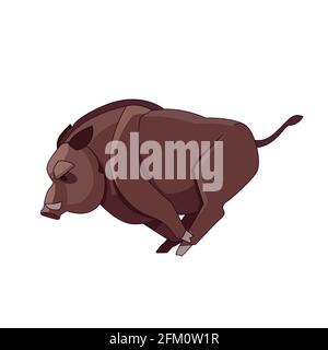 Ein Wildschwein läuft und greift an. Cartoon-Charakter eines bösen Säugetier Tier. Ein wildes Waldgeschöpf mit braunem Fell. Seitenansicht. Vektorgrafik flach Stock Vektor