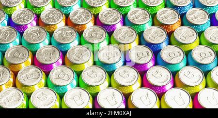 3D-Rendering einer Aufnahme von Limonadendosen Alle Farben Stockfoto