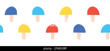Nahtloser Rand mit Pilzen. Niedliche rot blau gelb weiß Pilz horizontal wiederholen Muster. Niedliche Pilze Natur Textur für Kinder, Stoffbesatz, Fußzeile Stock Vektor