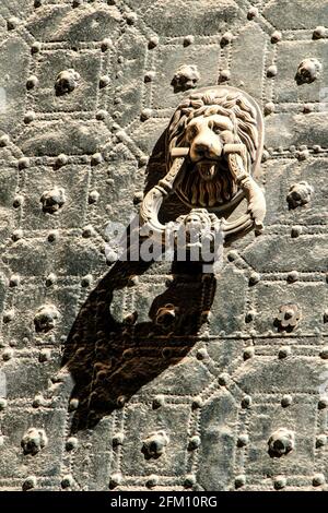 Schöne und Vintage Türklopfer Löwe auf grünem Metall geformt Tür mit Zierleisten und Balustern Stockfoto