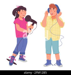 Nettes Mädchen und Junge singen zusammen. Kinder Zeichentrickfiguren für Gesangsunterricht und Kunstschule. Kinder Musik und Vokalpädagogik Konzept, flache Vektor Stock Vektor