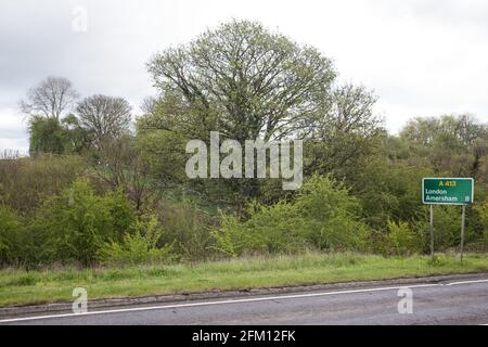 Wendover, Großbritannien. Mai 2021. Blick auf Bäume entlang der A413. Um Wendover in der Chilterns AONB werden zurzeit große Flächen von Bäumen und Vegetation freigeräumt, um die Hochgeschwindigkeitsstrecke HS2 vorzubereiten, wobei vor kurzem nach Einbruch der Dunkelheit einige Arbeiten durchgeführt werden. Kredit: Mark Kerrison/Alamy Live Nachrichten Stockfoto