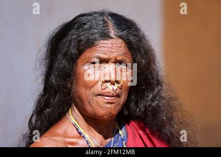 Alte Stammesfrau mit traditionellen Nasenringen im Dorf Sainagar in Araku, Andhra Pradesh, Indien. KONDHU-STAMM Stockfoto