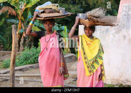 Stammesfrauen, die im Dorf Korrakothavalasa, Araku, Andhra Pradesh, Indien, eine Winning-Pfanne tragen. KONDHU-STAMM Stockfoto