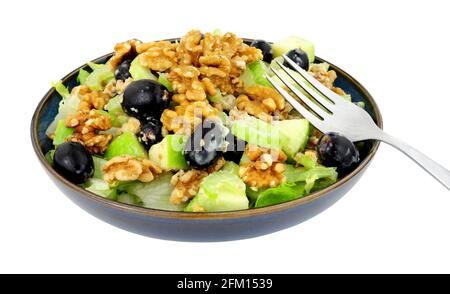 Waldorfsalat mit Walnüssen, Sellerie, Äpfeln und Trauben isoliert auf weißem Hintergrund Stockfoto