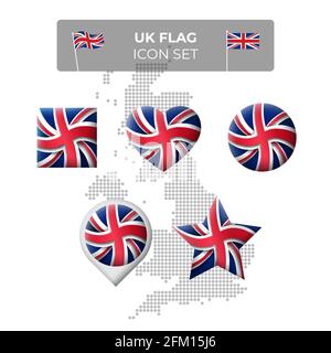 Vereinigtes Königreich, Großbritannien gewellte Flaggen-Symbole gesetzt - Quadrat, Herz, Kreis, Sterne, Zeiger, Kartenmarkierung. Mosaikkarte von Großbritannien. Union Jack, Union Stock Vektor