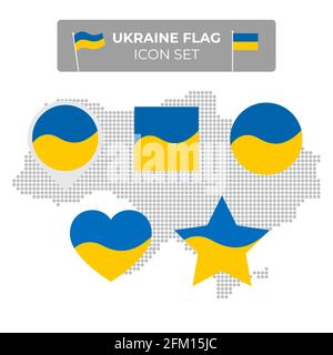 Ukraine Flaggen-Symbole in Form von Quadrat, Herz, Kreis, Sterne und Zeiger, Kartenmarkierung gesetzt. Mosaikkarte der ukraine. Winken im Wind. Vector ukrainisch Stock Vektor