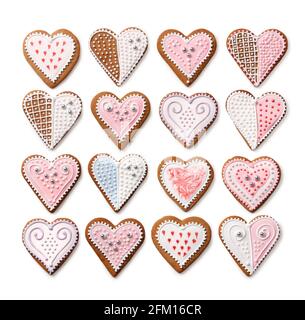 Sweet Christmas Heart Shaped Lebkuchen-Kollektion mit farbenfroher Zuckereibedekoration, isoliert auf weißem Hintergrund Stockfoto