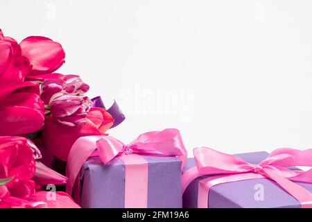 Tulpen und lila Geschenkschachteln mit einem Platz für Text auf weißem Hintergrund. Vertikale Feiertagskarte für die Beschriftung Stockfoto