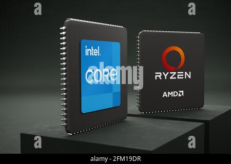 CPUs der konkurrierenden Marken Intel Core und AMD Ryzen stehen auf zwei Sockeln. CPUs als 3d-Rendering modellieren. Stockfoto