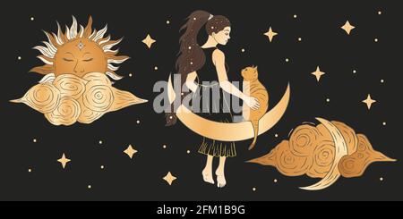 Himmlische afroamerikanische Frau heilige Astrologie feminine Boho esoterische goldene und schwarze Kunst. Mond und Stern magische goldene Vektor. Stock Vektor