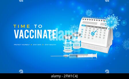 Vektor-Hintergrunddesign mit Coronavirus-Impfstoff. Ihren Impfkalender. Es ist Zeit, sich gegen das Coronavirus Covid-19 impfen zu lassen. Stock Vektor