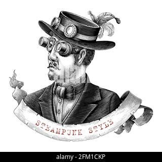 Herren im Steampunk Kostüm Handzeichnen Vintage Gravur Stil schwarz Und weiße ClipArt isoliert auf weißem Hintergrund Stock Vektor