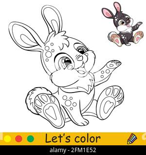 Niedliches sitzender Hase. Cartoon-Figur Kaninchen. Malbuch Seite mit bunten Vorlage. Vektorkonturisolierung. Für Malbuch, pre Stock Vektor