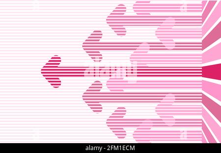 Die Pfeile bewegen sich nach hinten. Abstrakter Hintergrund mit gestreiften roten Pfeilen. Vektordarstellung der Pfeile, die sich zum Ziel bewegen Stock Vektor