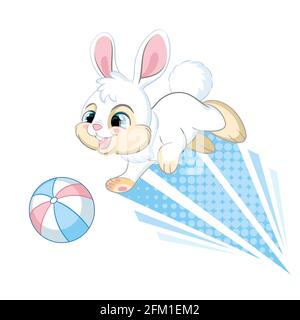 Springender Hase mit Ball. Zeichentrickfigur. Vektor isoliert bunte Illustration. Für Druck und Gestaltung, Poster, Kinderzimmer-Design, Karten, Aufkleber, ro Stock Vektor