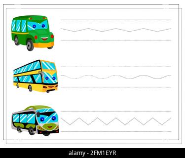 Handschrift Übungsblatt. Stellen Sie die gepunktete Linie, einen Cartoon-Bus mit Augen und ein Lächeln der grünen und gelben Farbe. Stock Vektor