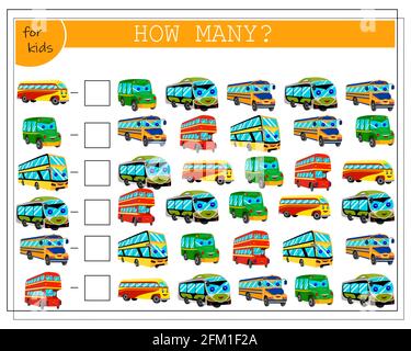 Mathe-Spiel für Kinder zählen, wie viele Busse. vektor isoliert auf weißem Hintergrund. Stock Vektor