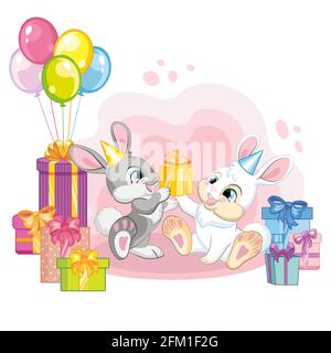 Zwei niedliche Cartoon kleine Kaninchen mit Luftballons und Geschenk-Boxen. Vektor-isolierte Illustration. Für Postkarte, Poster, Kinderzimmer-Design, Grußkarte, s Stock Vektor