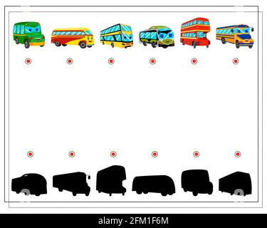 Finden Sie den richtigen Schatten. Stadtverkehr, Cartoon-Busse mit Augen und einem Lächeln, rot, gelb und grün Farben. Stock Vektor