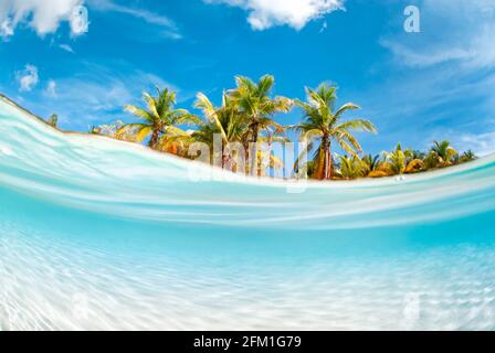 Halb über und halb unter dem Bild des weißen karibischen Sandes Stockfoto