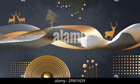 3d moderne Fototapete. Goldene wellige Linien und goldene Bäume und Hirsche. Goldene Kreise, Linien und Kugeln in dunklem Hintergrund Stockfoto