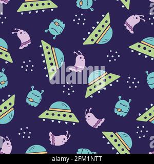 Niedliche kindliche nahtlose Muster aus Raum-Elemente, ufo, Planet, Alien, Satellit. Handgezeichnete Cartoon Kinder Stil. Vektor-Illustration für Stoff, Textil, Tapete, Hintergrund. Stock Vektor