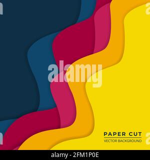 Helle bunte Papier geschnitten abstrakten Hintergrund. Wellige, mehrfarbige Papierschichten auf einem dunkelnavy-blauen Hintergrund. Vektorgrafik EPS10. Stock Vektor